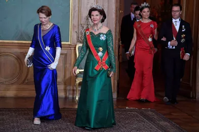 La princesse héritière Victoria de Suède et le prince Daniel précédés de la reine Silvia et de la Première dame allemande à Stockholm, le 7 septembre 2021