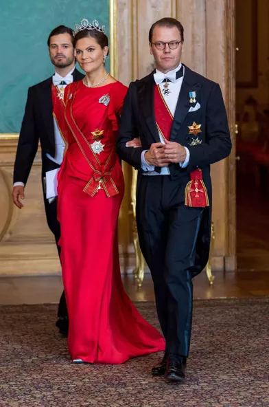 La princesse héritière Victoria de Suède et les princes Daniel et Carl Philip à Stockholm, le 7 septembre 2021