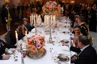 Le banquet d'Etat offert par le couple royal de Suède au couple royal espagnol au Palais royal à Stockholm, le 24 novembre 2021