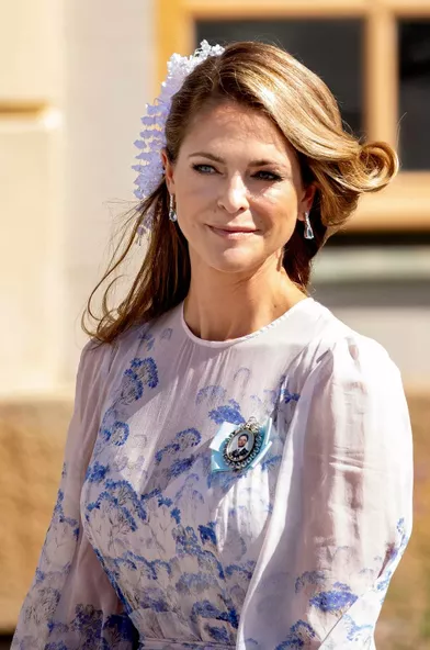 Détail du corsage de la princesse Madeleine de Suède, le 14 août 2021