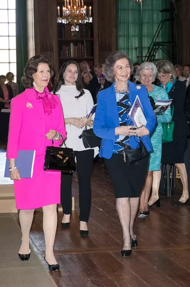 La reine Silvia et la princesse Sofia de Suède avec l'ancienne reine Sofia d'Espagne à Stockholm, le 18 mai 2017