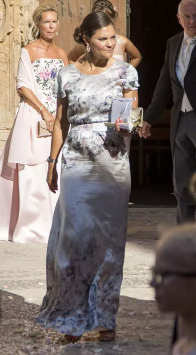 La princesse Victoria de Suède au mariage de sa cousine Helena Christina Sommerlath à Palma de Majorque, le 5 août 2017