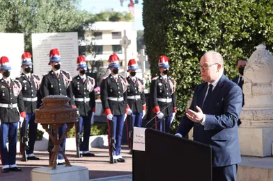 Le prince Albert II de Monaco lors de la cérémonie nationale d'hommage à Joséphine Baker à Monaco, le 29 novembre 2021
