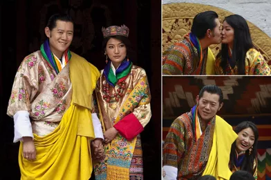 Le roi du BhoutanJigme Khesar Namgyel Wangchuck et Jetsun Pema, lors de la cérémonie puis de la réception de leur mariage, à Punakha le 13 octobre 2011 et à Thimphou le 15 octobre 2011