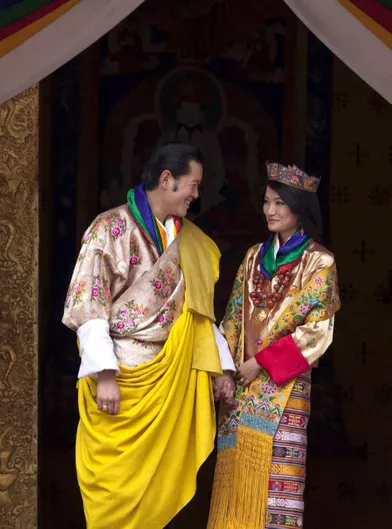 Le roi du BhoutanJigme Khesar Namgyel Wangchuck et Jetsun Pema, le jour de leur mariage, le 13 octobre 2011