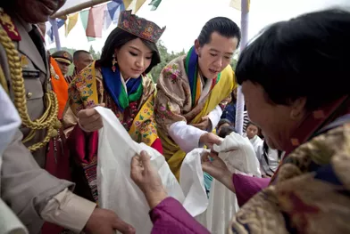 Le roi du BhoutanJigme Khesar Namgyel Wangchuck et Jetsun Pema, le jour de leur mariage, le 13 octobre 2011