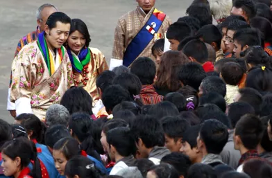 Le roi du BhoutanJigme Khesar Namgyel Wangchuck et Jetsun Pema, le jour de leur mariage, à Punakha le 13 octobre 2011