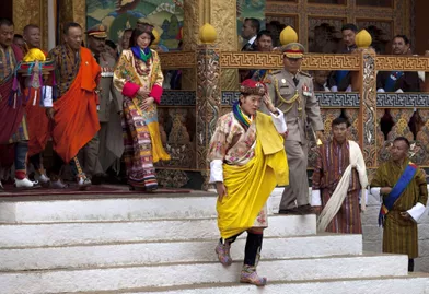 Le roi du BhoutanJigme Khesar Namgyel Wangchuck et Jetsun Pema, à Punakha le 13 octobre 2011lors de leur mariage