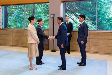 L'empereur Naruhito et l'impératriceMasako du Japon reçoivent le sultan de Brunei Hassanal Bolkiah et son fils le prince Abdul Mateen à Tokyo, le 23 octobre 2019