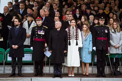 Le prince Hussein, le roi Adballah II, la reine Rania et la princesse Iman de Jordanie à Sandhurst, le 24 novembre 2018