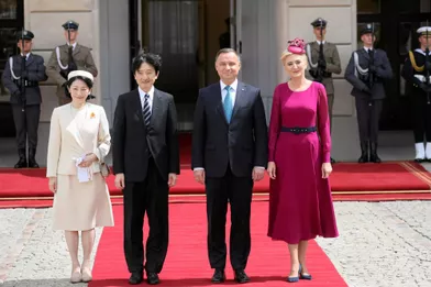 La princesse Kiko du Japon et le prince Fumihito d'Akishino avec le couple présidentiel polonais à Varsovie, le 28 juin 2019