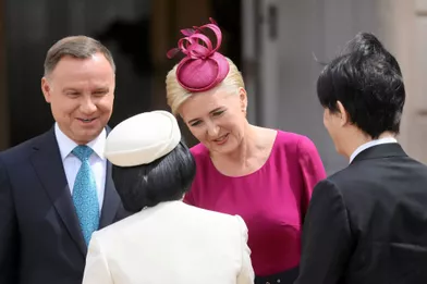 La princesse Kiko du Japon et le prince Fumihito d'Akishino avec le couple présidentiel polonais à Varsovie, le 28 juin 2019