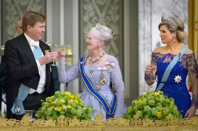 Le roi Willem-Alexander et la reine Maxima des Pays-Bas avec la reine Margrethe II de Danemark lors de la visite d'Etat du couple royal néerlandais au Danemark, le 17 mars 2015