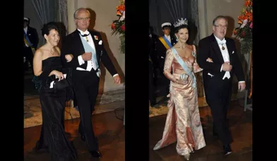 La Reine Silvia au bras du président du comité Nobel, Marc Stroch ; l'épouse de ce dernier en compagnie du roi Carl XVI Gustav