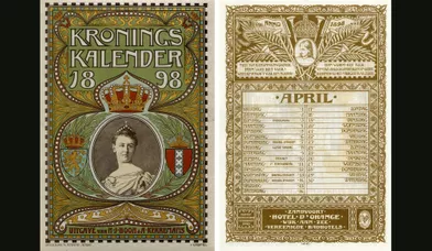 A l'occasion de l'intronisation de la reine Wilhelmina en 1898, ce calendrier du couronnement a été publié sous forme de livre.