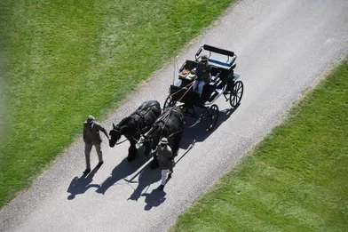 La calèche du prince Philip avec ses deux chevaux Balmoral Nevis et Notlaw Storm lors des funérailles du duc d'Edimbourg à Windsor le 17 avril 2021