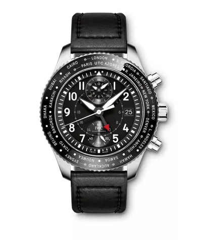 Montre d’Aviateur Timezoner en acier, 45 mm de diamètre, mouvement automatique, bracelet en cuir. IWC.