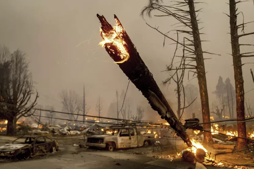 On dirait un arbre… mais c’est un poteau électrique transformé en torche géante, à Greenville, en Californie, le 4 août.
