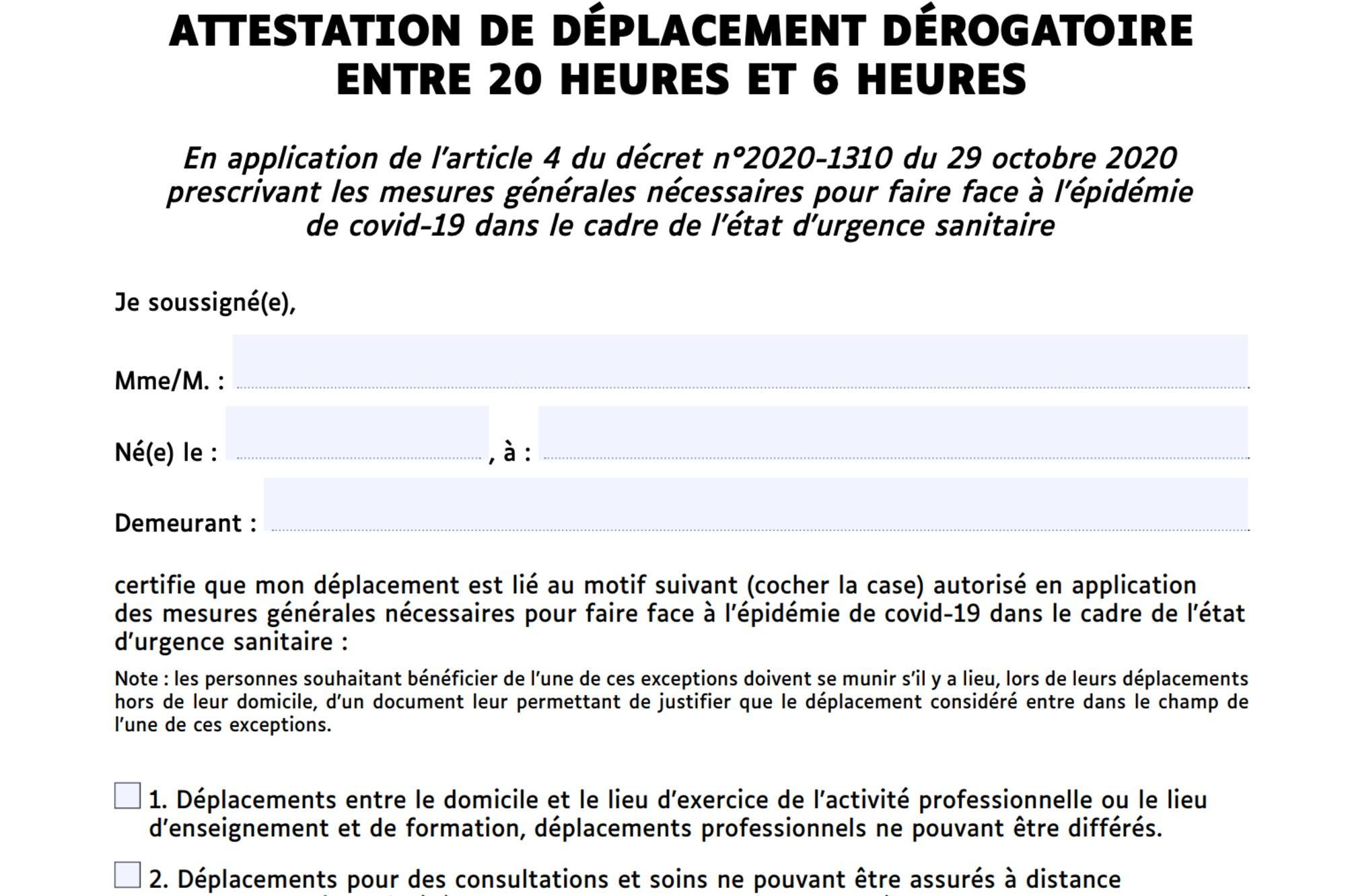 Couvre Feu Voici La Nouvelle Attestation Derogatoire A Remplir A Partir De Mardi