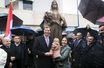 Le prince Leka II d&#039;Albanie avec les princesses Elia et Geraldine lors de l&#039;inauguration d&#039;une statue de la reine Geraldine à Tirana, le 1er février 2022