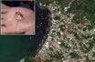 Une vue satellite de Guaca. En médaillon, l&#039;une des bagues retrouvées sur la plage.