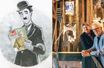 Charlot, spécialement dessiné pour nous par Benoît Bazile, tenant à la main le numéro de Paris Match du 27 septembre 1952 : « Chaplin en Europe ». A d. : Bernard Swysen et Eugène Chaplin (premier plan) à Vevey.