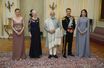 La reine Margrethe II, la princesse Mary et le prince Frederik de Danemark avec la Première ministre danoise Mette Frederiksen et le Premier ministre indien Narendra Modi à Copenhague, le 3 mai 2022