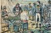 Illustration du magazine «La Cuisine des Familles» montrant Napoléon et ses cuisiniers lui préparant des poulets le jour de la bataille de Marengo