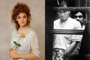 Rebecca Schaeffer pose pour la promotion de sa série "My Sister Sam" en 1987. À droite, Robert Bardo présenté à la justice pour l'assassinat de l'actrice en août 1989.