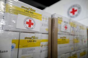 De l'aide de la Croix-Rouge stockée dans un entrepôt de Caracas, au Venezuela.
