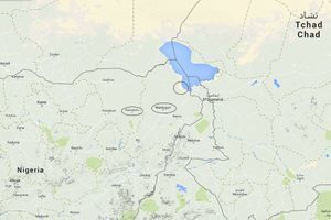 Encerclées sur la carte, les villes de Maiduguri, Baga et Damaturu