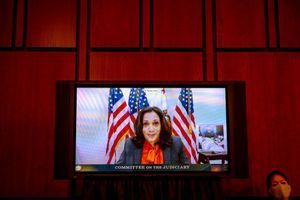 Kamala Harris participant, à distance, à l'audition d'Amy Coney Barrett devant le Sénat américain, le 13 octobre 2020.