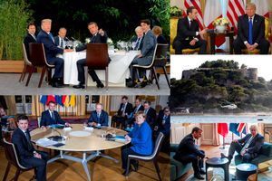 A g. en h. : Emmanuel Macron et les leaders du G7 à Biarritz, le 24 août. A g. en b. : sommet au format "Normandie" à l'Elysée, avec les dirigeants russe, ukrainien, français et allemand le 9 décembre. A dr., de h. en b. : Emmanuel Macron et Donald Trump au sommet de l'Otan, le 3 décembre. Arrivée de l'hélicoptère de Vladimir Poutine au Fort de Brégançon le 19 août. Echange entre Boris Johnson et Emmanuel Macron à l'Elysée le 22 août.
