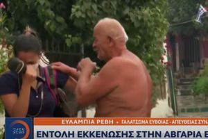 La journaliste grecque Eulambia Revi face à un vieil homme sur l'île d'Eubée lundi 9 août. 