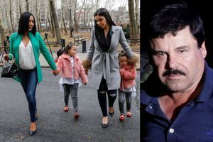 L'épouse d'El Chapo, Emma Coronel Aispuro (à droite en gris) avec leurs deux jumelles, jeudi avant l'audience à Brooklyn. A droite, Joaquin "El Chapo" Guzman.