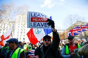 Des manifestants pro-Brexit à Londres, samedi. Sur la pancarte : "Partir, ça veut dire partir".