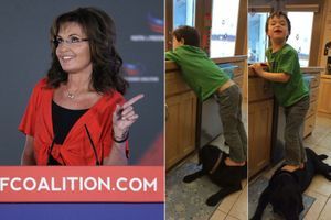 Sarah Palin, photographiée en juin 2013, et les photos de son fils Trig qui ont fait polémique. 
