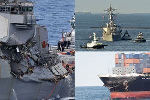 Spectaculaire collision entre un destroyer de l'US Navy et un cargo