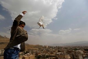 Un jeune Yéménite libère une colombe dans le cadre d'une campagne incitant les négociateurs yéménites à parvenir rapidement à un accord de paix.