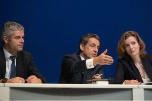 Laurent Wauquiez, Nicolas Sarkozy et NKM le 7 février dernier, à la Mutualité. 