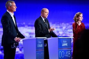 Bruno Le Maire, Alain Juppé, Nathalie Kosciusko-Morizet jeudi lors du premier débat de la primaire. 