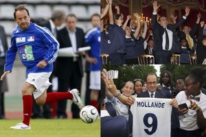 François Hollande le 20 mai 2008 lors d'un match caritatif au stade Charléty (à gauche), le 30 juin 2014 lors d'un match de l'équipe de France durant la Coupe du monde (à droite, en haut et en bas).