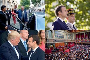 De gauche à droite et de haut en bas : la démission du ministre de la Justice, François Bayrou; le général De Villiers avec Emmanuel Macron; Donald Trump accueilli le 14 juillet; la réunion du Congrès à Versailles le 3 juillet.