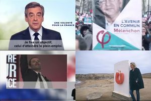 Clips de campagne officiels de François Fillon, Jean-Luc Mélenchon, Benoît Hamon, et Marine Le Pen. (captures écran).