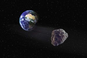 Illustration d'un astéroïde devant la Terre.