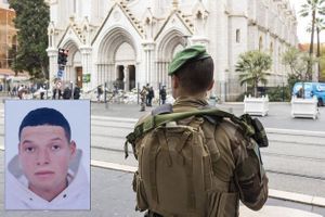 Devant la basilique de Nice, le 3 novembre. En médaillon, le terroriste, Brahim Aouissaoui.