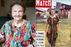 A g. , Geneviève de Galard, à son domicile parisien. Aujourd’hui, elle a 91 ans. A d. : le 5 juin 1954, l’héroïne de Diên Biên Phu fait la couverture de Paris Match.