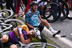 Lors de la chute causée par la spectatrice cet été au Tour du France.