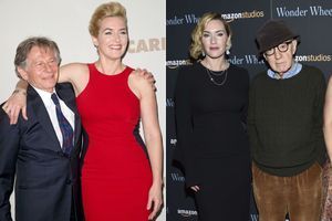 Kate Winslet : à gauche avec Roman Polanski en 2011 pour la promotion de "Carnage" ; à droite en 2017 avec Woody Allen pour "Wonder Wheel"