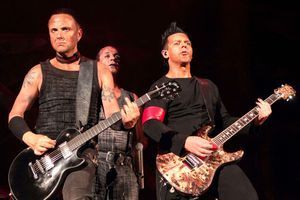 Paul Landers, Till Lindemann et Richard Z. Kruspe, du groupe Rammstein, sur scène en 2012.